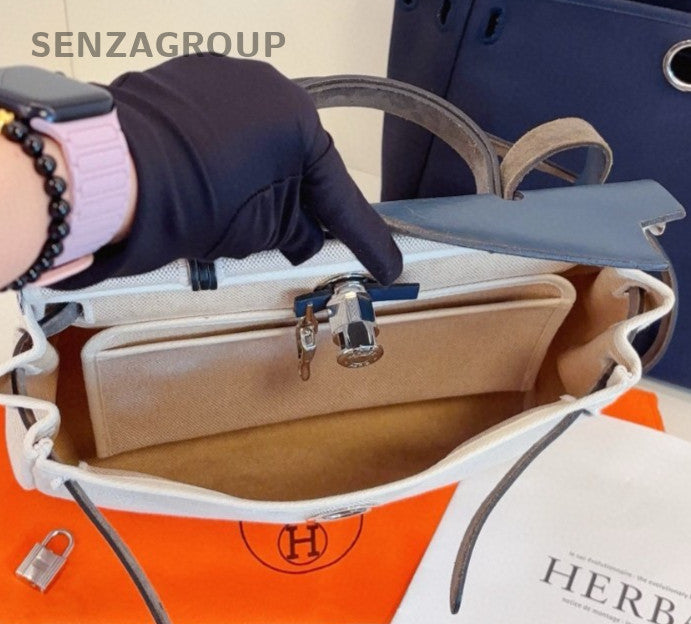 Hermes Herbag31 Top Handle Bag Shoulder Bag White Blue Silver Women Vintage