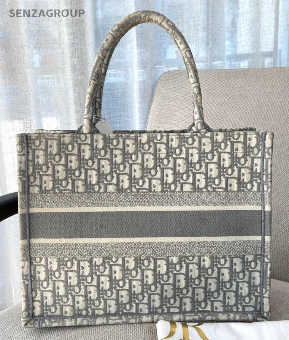 Christian Dior Book Tote MM Monogram Canvas Shoulder Handbag Grey Women Classic