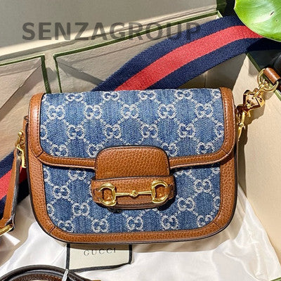 Gucci 1955 Mini Horsebit Denim Saddle Bag Blue Brown Women's Shoulder Crossbody