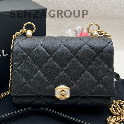 Chanel Classic Flap Black Gold Pearl Chain Shoulder Bag Quilted Women Fashion