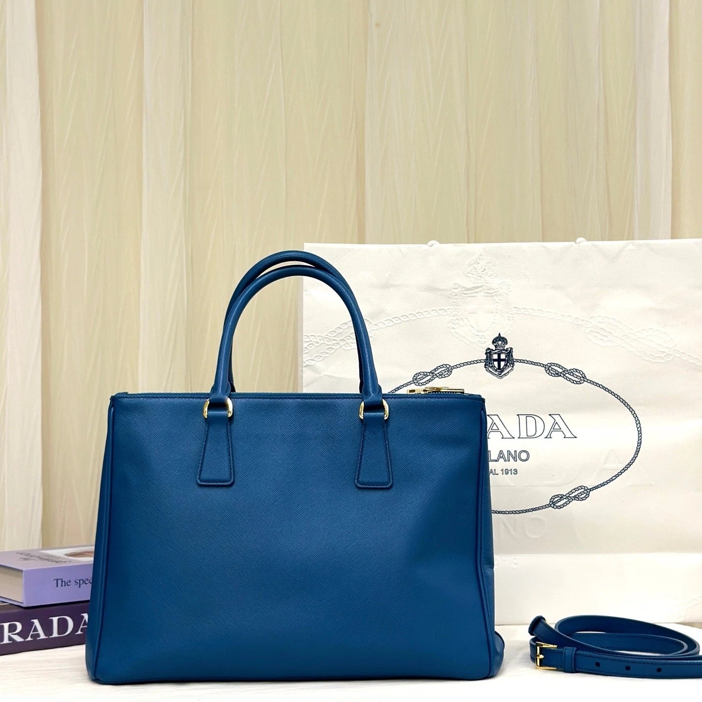 Prada Blue Medium Leather Top Handle Handbag For Women