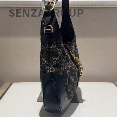 Gucci Jackie 1961 Canvas Monogram Shoulder Bag Black Gold Women's Fashion