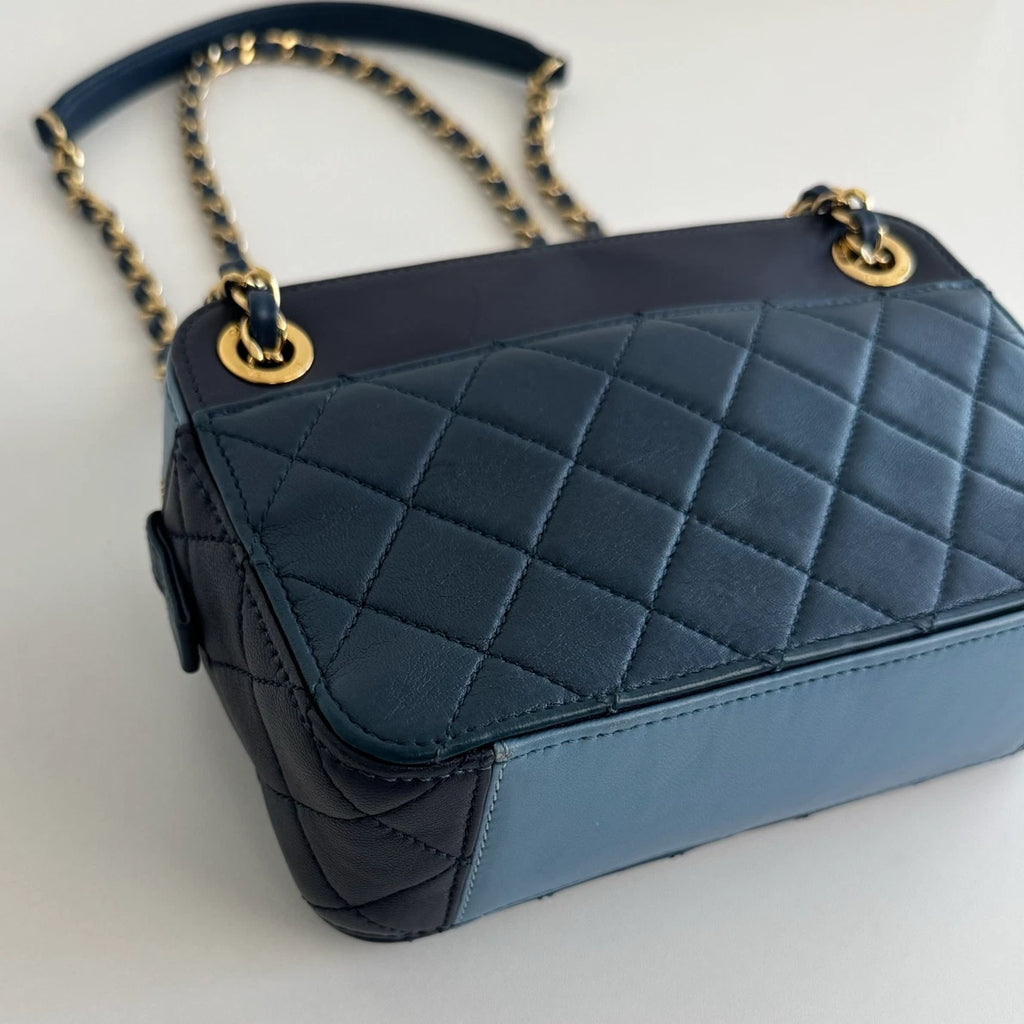 Chanel Diamond Camera Bag Double Chain Blue Shoulder Bag Gold Hardware