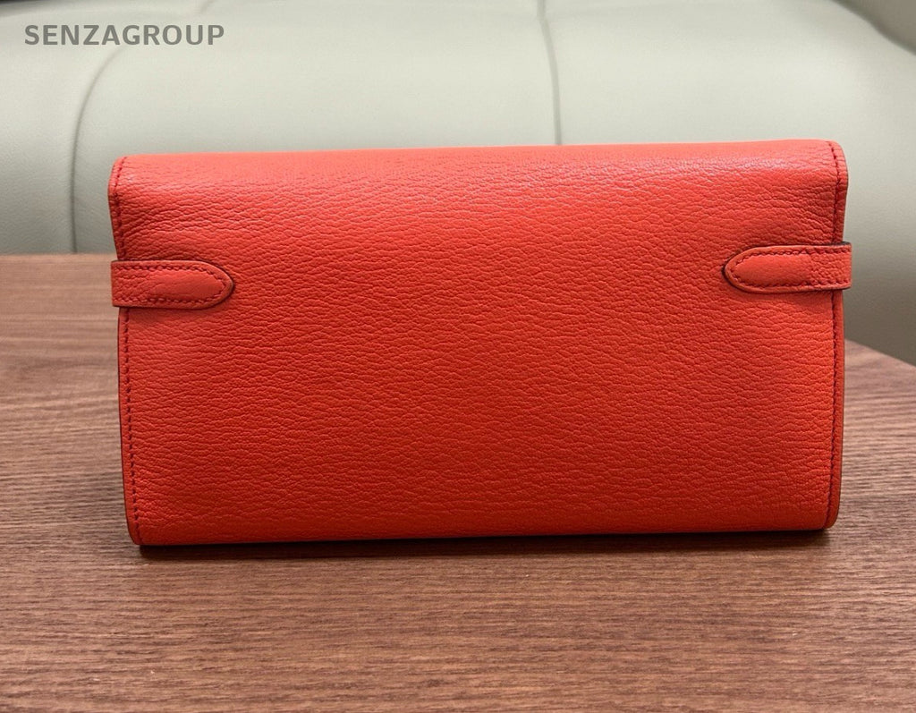Hermes Kelly Long Wallet Goatskin Orange Gold Women Pouch
