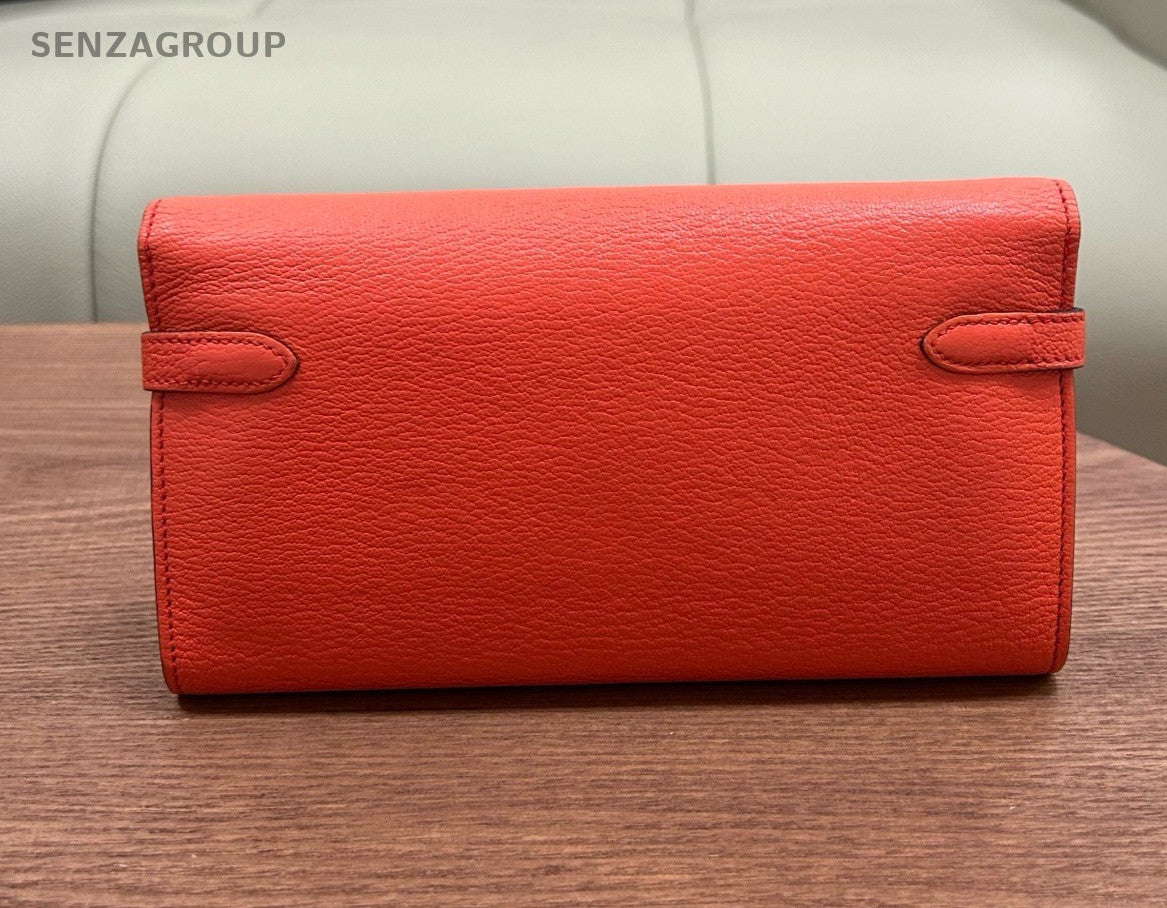 Hermes Kelly Long Wallet Goatskin Orange Gold Women Pouch