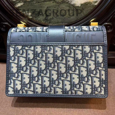 Dior Montaigne Oblique Denim Blue Gold Medium Shoulder Bag Women Classic