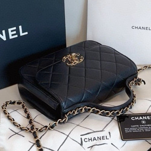 Chanel 19Bag  Diamond Top Handle Chain Shoulder Crossbody Black Gold Used Women