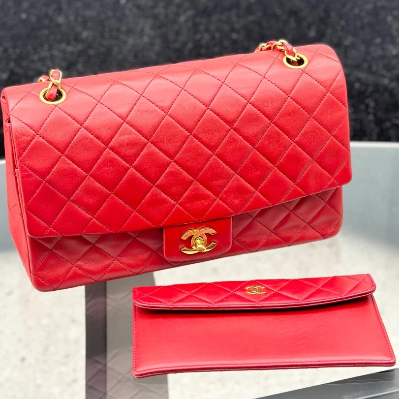 Chanel Vintage Classic Flap Chain Lambskin Shoulder Bag Red Gold Women S