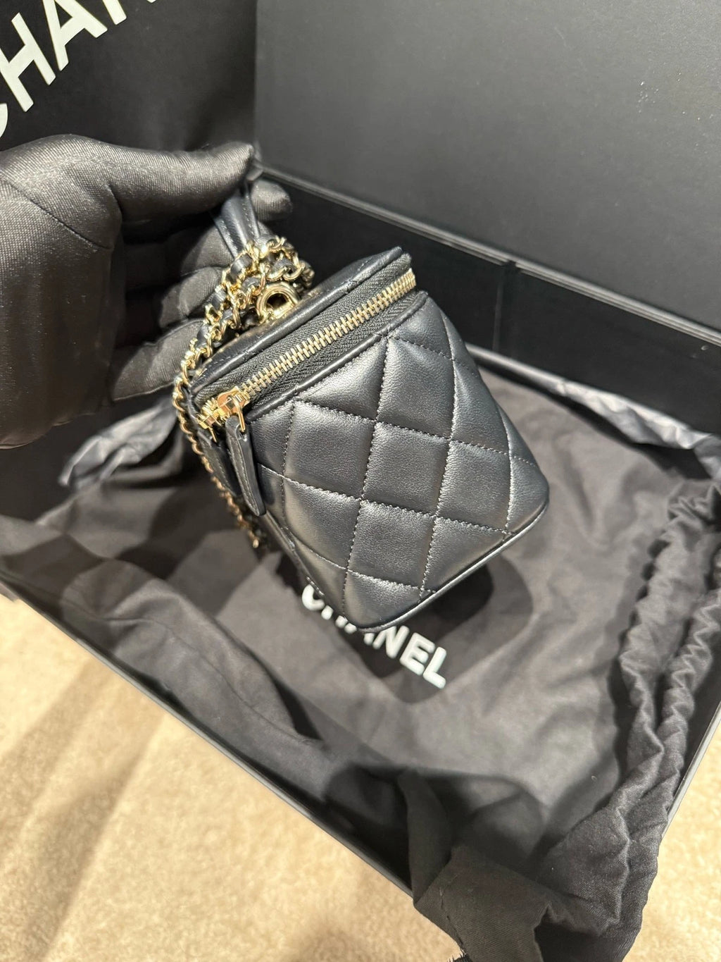 CHANEL 24 Chip Black Gold Lambskin Top Handle Box Bag For Women