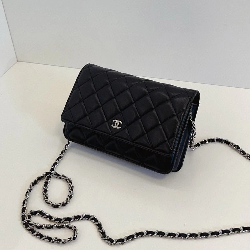 Chanel WOC Chain Lambskin Shoulder Crossbody Diamond Black Silver Women Classic
