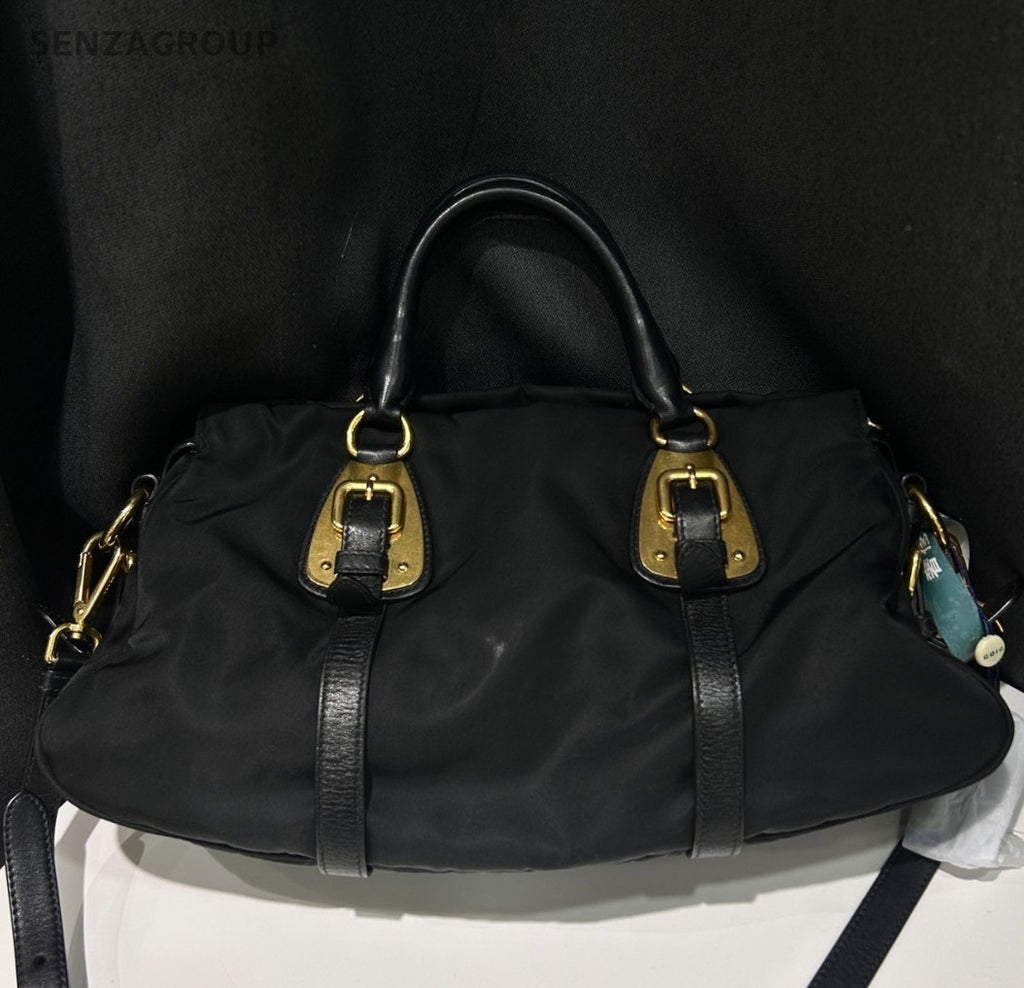 Prada Nylon 2Way Top Handle Bag Crossbody Black Gold Women Classic
