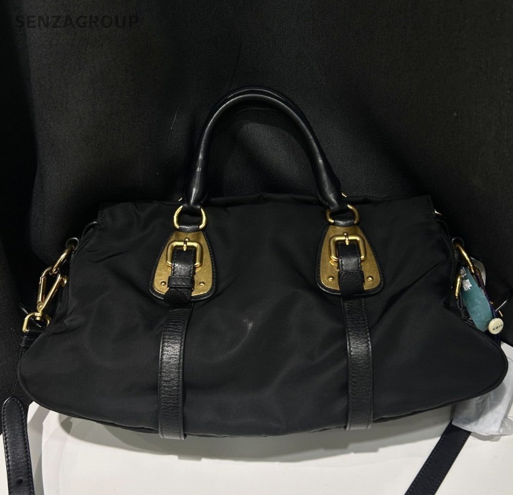Prada Nylon 2Way Top Handle Bag Crossbody Black Gold Women Classic