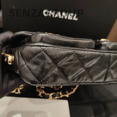 Chanel Black Gold Lambskin Messenger Chain Crossbody Bag Classic Women