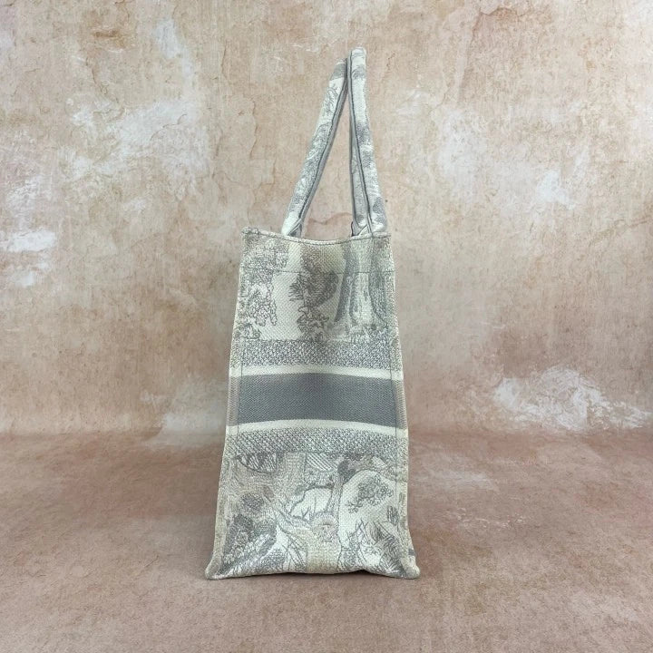 Dior Gray White Embroidered Canvas Medium Tote Handbag For Women