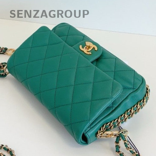 Chanel Classic Flap Mini Chain Shoulder Bag Crossbody Green Gold Women