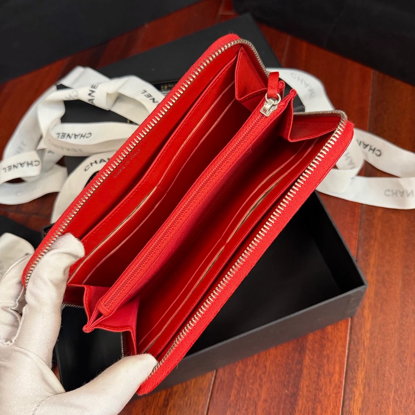 Chanel Diamond Long Wallet Red Silver Used Women Classic