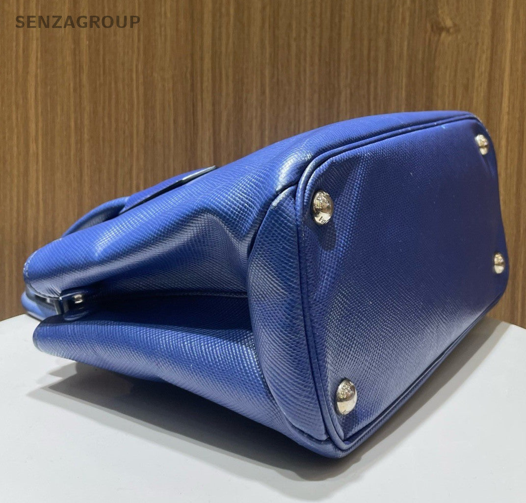 Prada Galleria PM Top Handle Bag Crossbody Blue Silver Women Classic