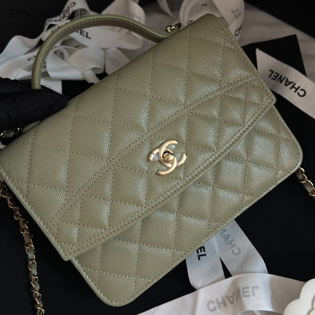 Chanel 25C Diamond Chain Top Handle Bag Crossbody Green Gold Women Fashion