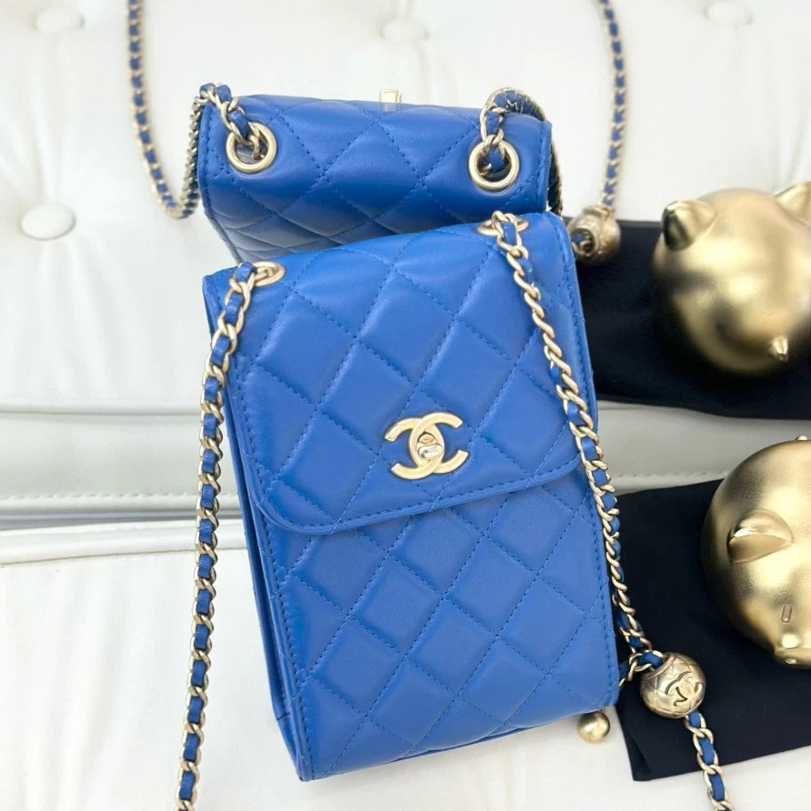 Chanel Lambskin Phone Bag Shoulder Crossbody Bag Blue Gold Hardware Women S