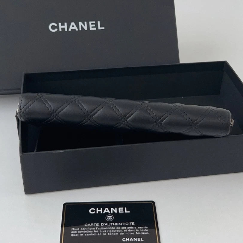 Authentic Chanel Diamond Silver Zipper Black Long Wallet Clutch