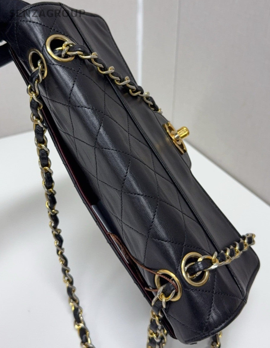 Chanel Vintage PM Classic Flap Mini Chain Shoulder Crossbody Bag Black Gold