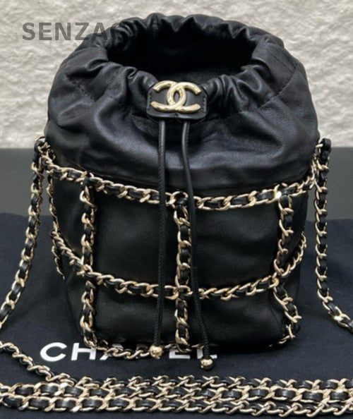 Chanel 21C Lambskin Chain Shoulder Bag Crossbody Black Gold Women Classic