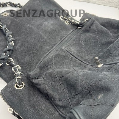Chanel Black Silver Suede Large CF Chain Shoulder Bag for Women