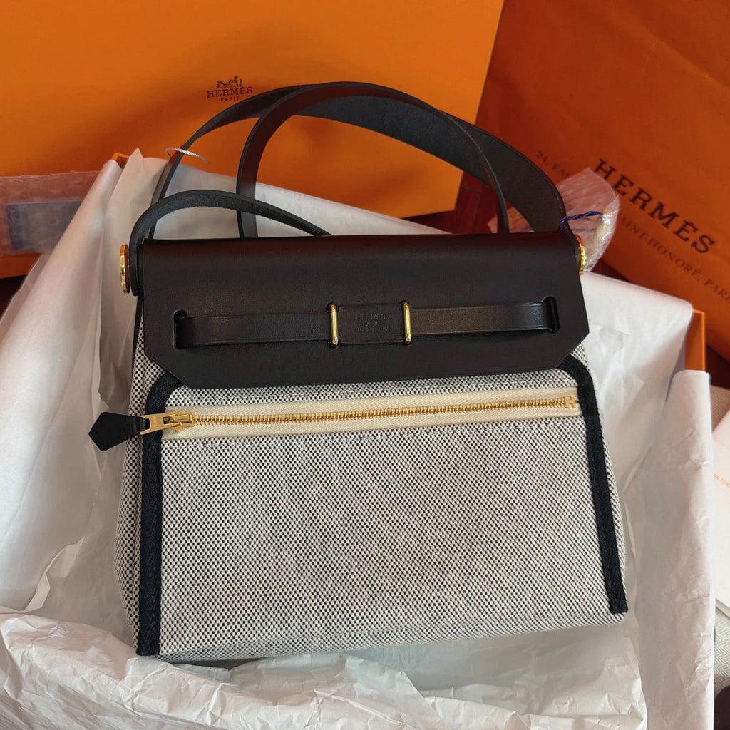 Hermes Herbag Mini Top Handle Shoulder Crossbody White Black Gold Women Classic