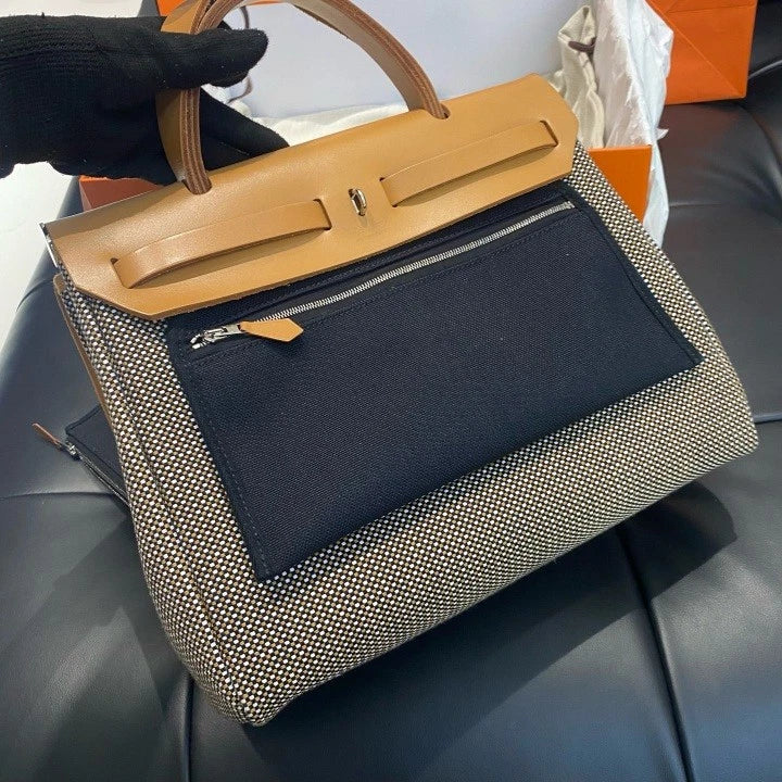 Hermes Herbag 31 Calfskin Canvas Top Handle Crossbody Bag Brown Women D