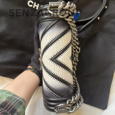 Chanel Le Boy Small V-Stitch Lizard Skin Black Silver Chain Shoulder Bag