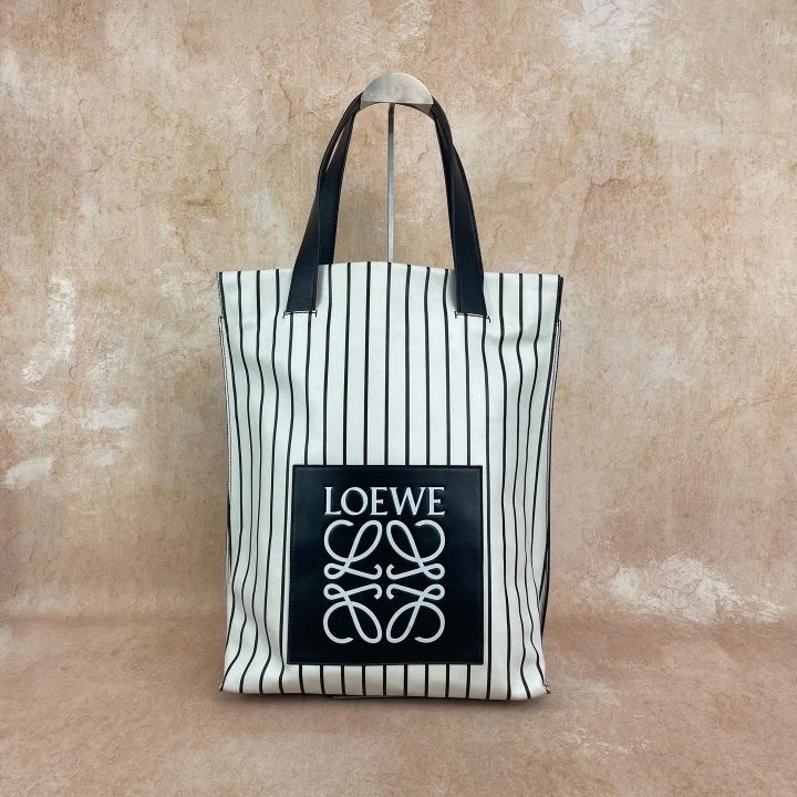 Loewe Canvas Women's Black White Stripe Vertical Tote Shopping Bag