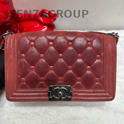 Chanel Le Boy Medium Lambskin Shoulder Bag Red Silver Classic Women