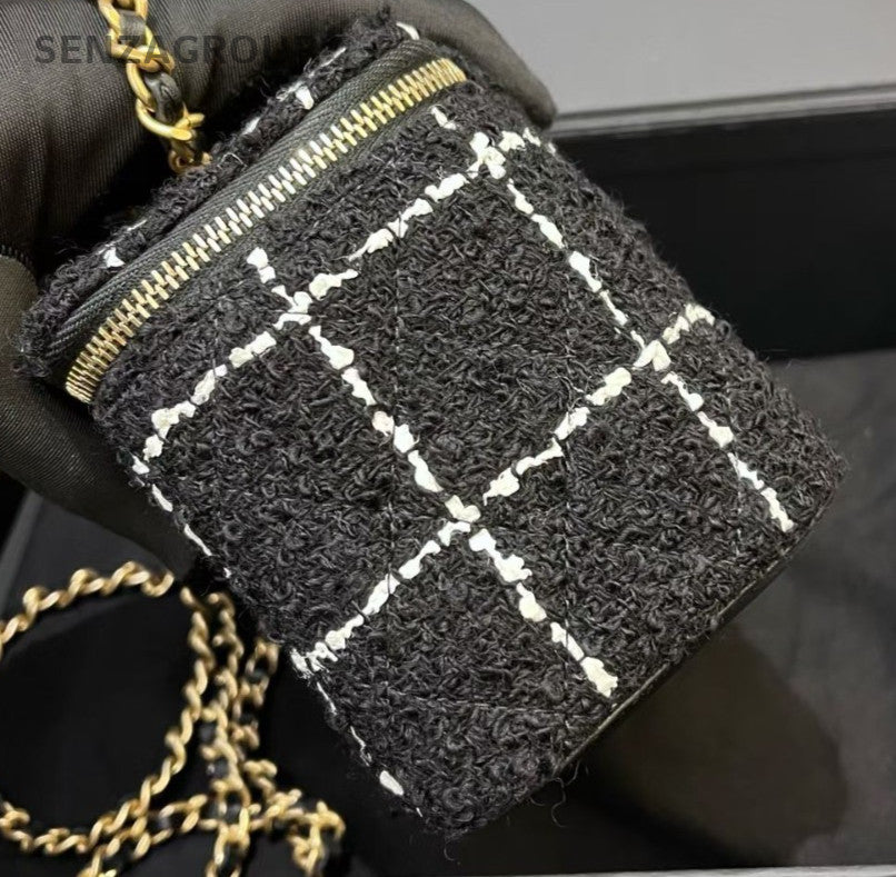 Chanel Tweed Long Box Chain Shoulder Bag Crossbody Black Gold Women Classic