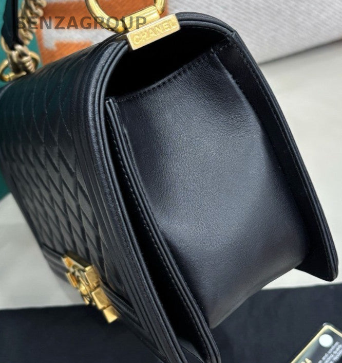 Chanel Leboy MM Calfskin Chain Shoulder Bag Black Gold Diamond Women Classic