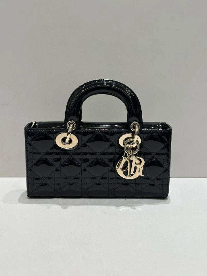Dior D-Joy Small Black Gold Patent Leather Top Handle Bag For Women