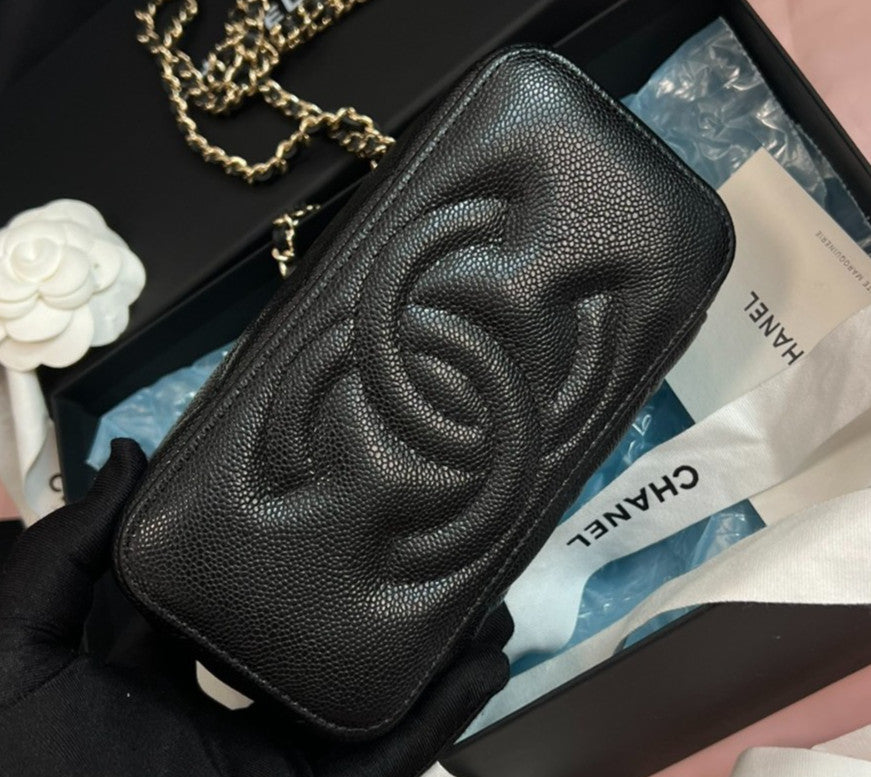 Chanel Vanity Case Chain Crossbody Black Gold Diamond Women Classic