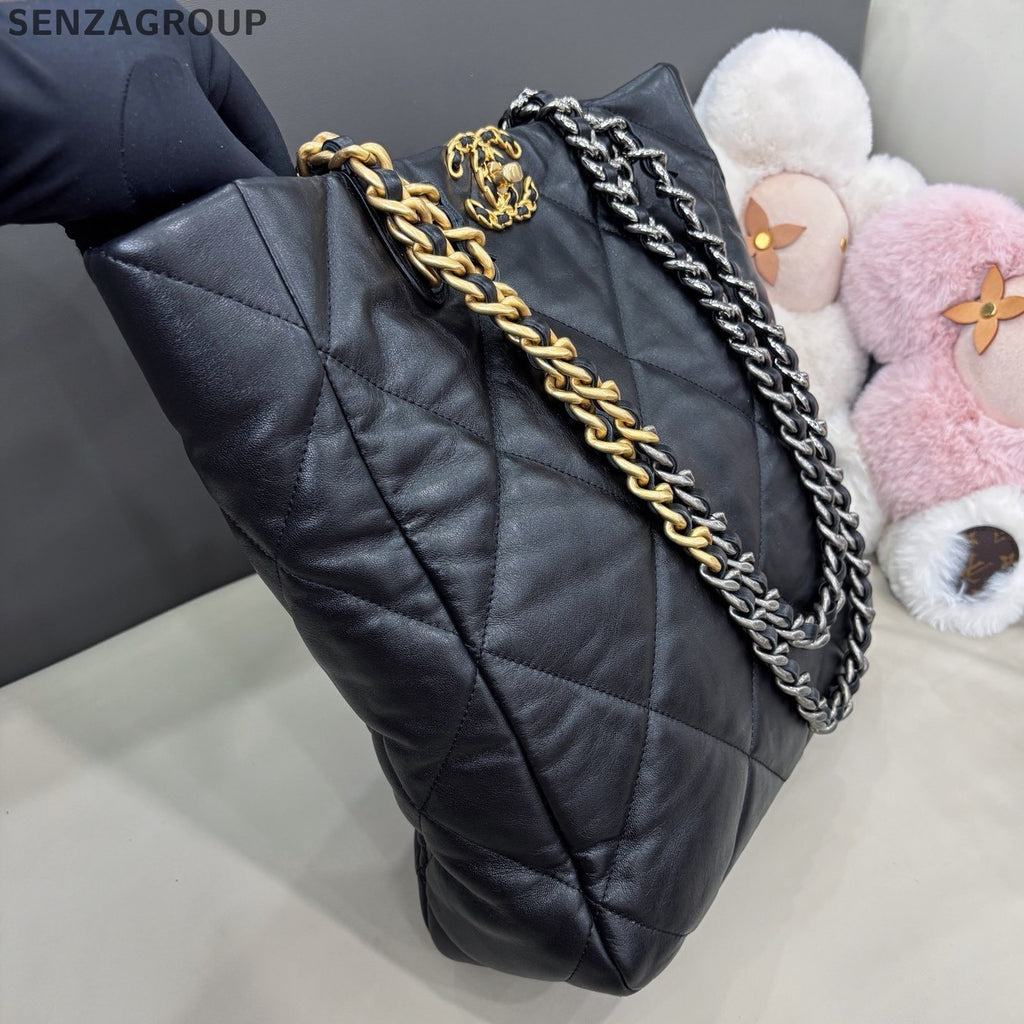 Chanel 19Bag Tote Chain Shoulder Bag Black Gold Diamond Women Classic