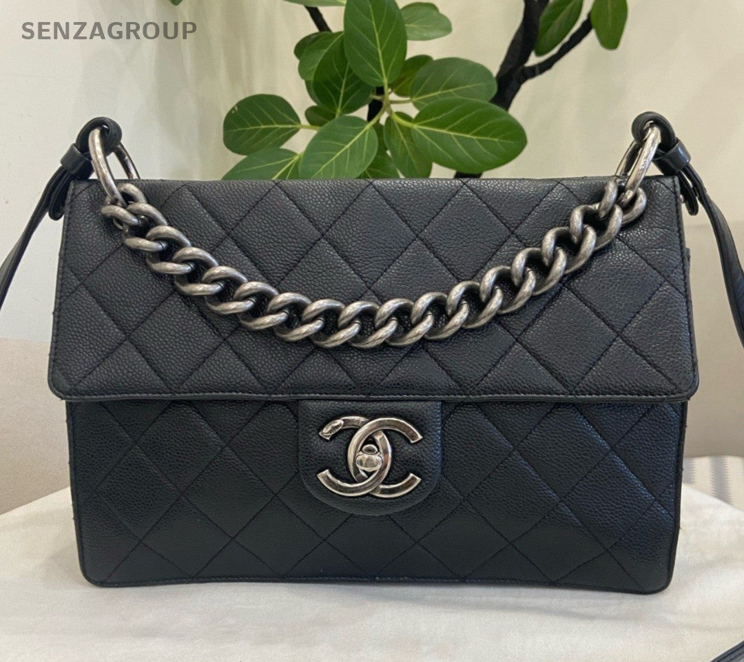Chanel Calfskin PM Diamond Chain Shoulder Bag Crossbody Black Silver Women