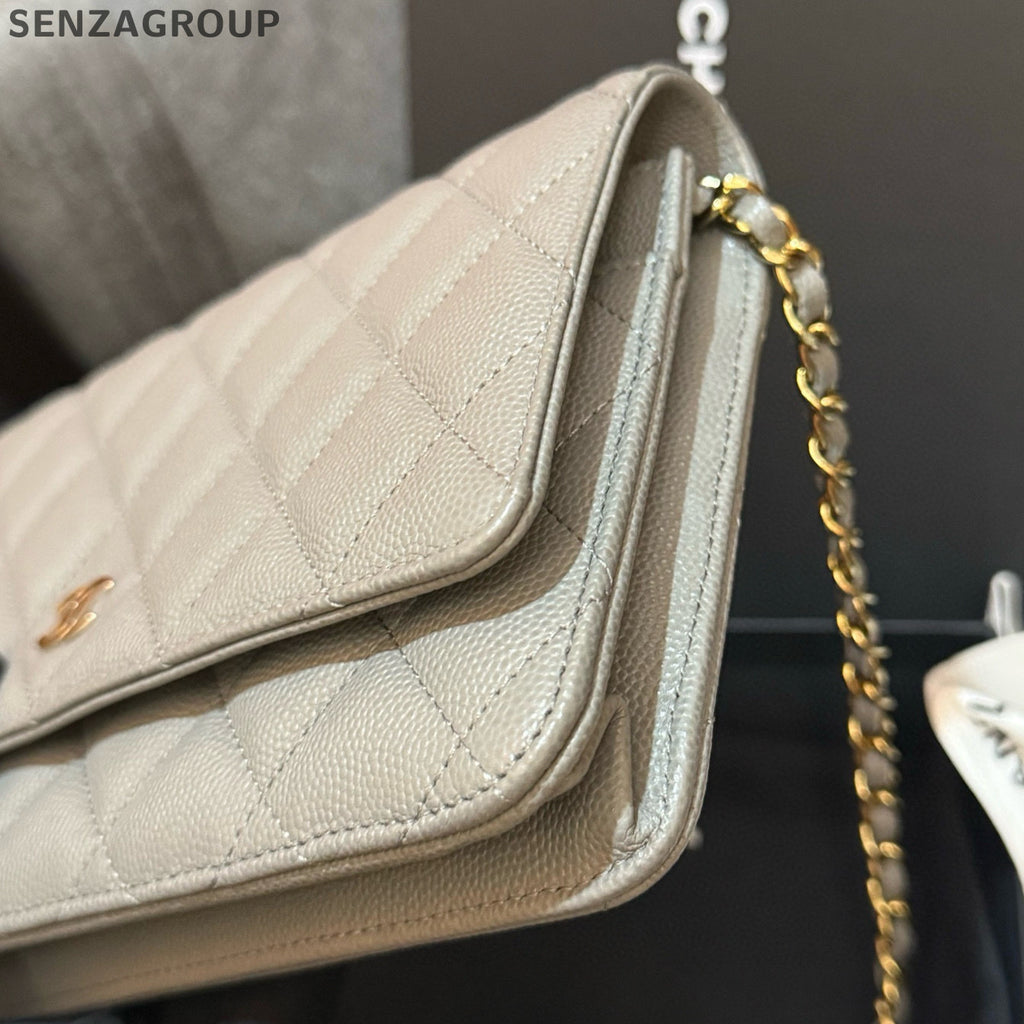 Chanel WOC Calfskin Chain Shoulder Crossbody Bag Grey Gold Classic Fashion