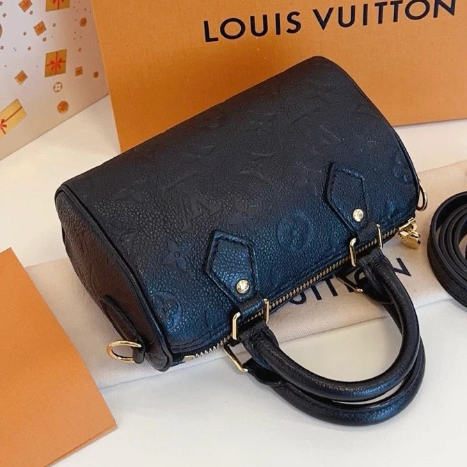 Louis Vuitton Speedy Nano Calfskin Top Handle Bag Crossbody Black Gold Women