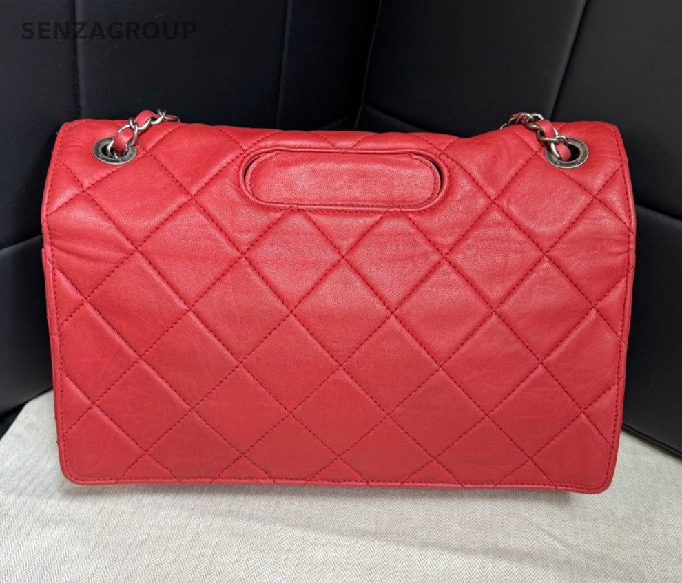 Chanel Lambskin Chain Shoulder Bag Crossbody Red Silver Diamond Women Classic