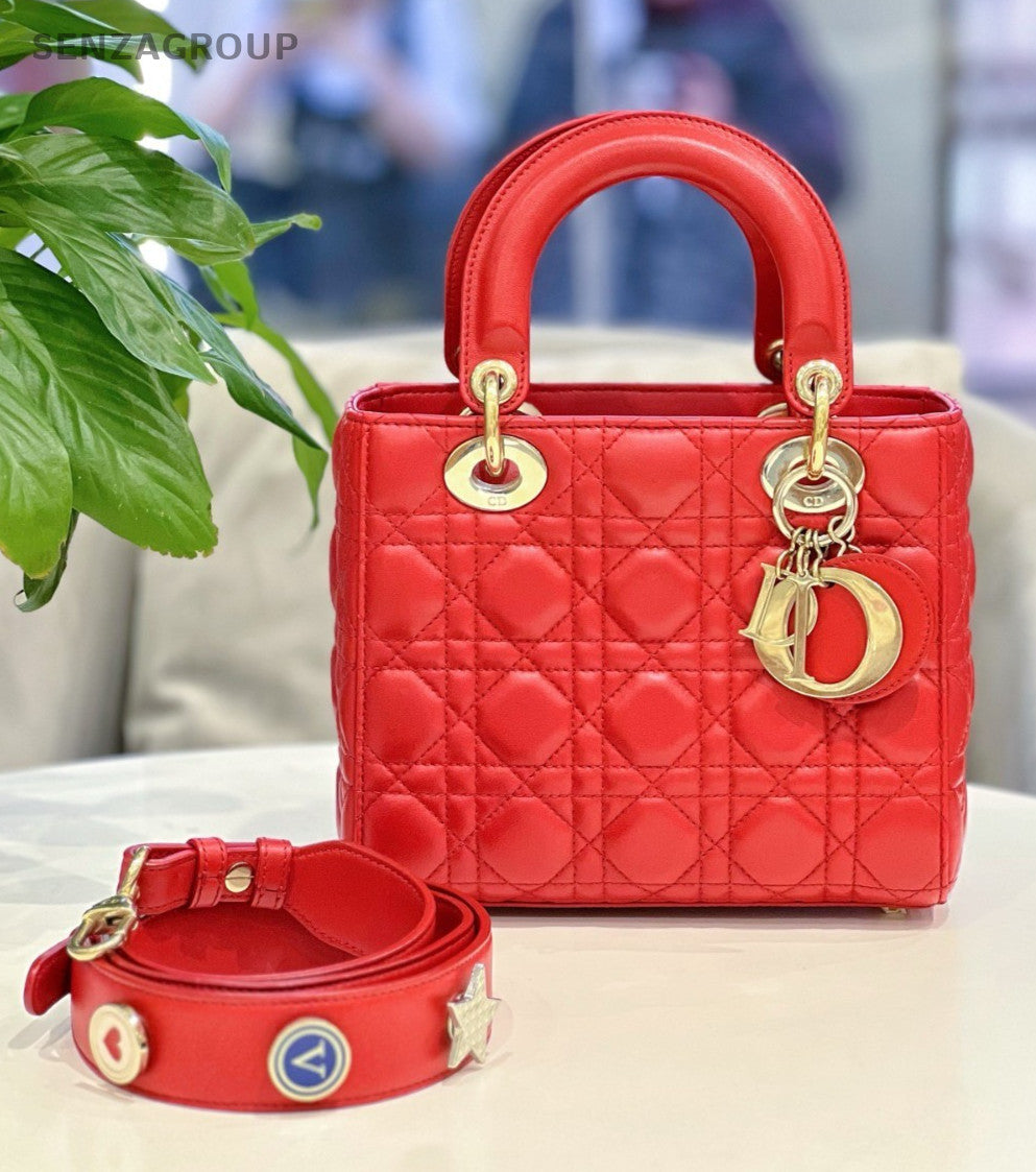 Christian Dior Lady Dior 2Way Crossbody Shoulder Bag Red Gold Women Classic