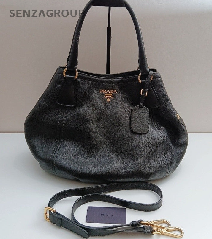 Prada Calfskin 2Way Handbag Crossbody Black Gold Women Classic Fashion