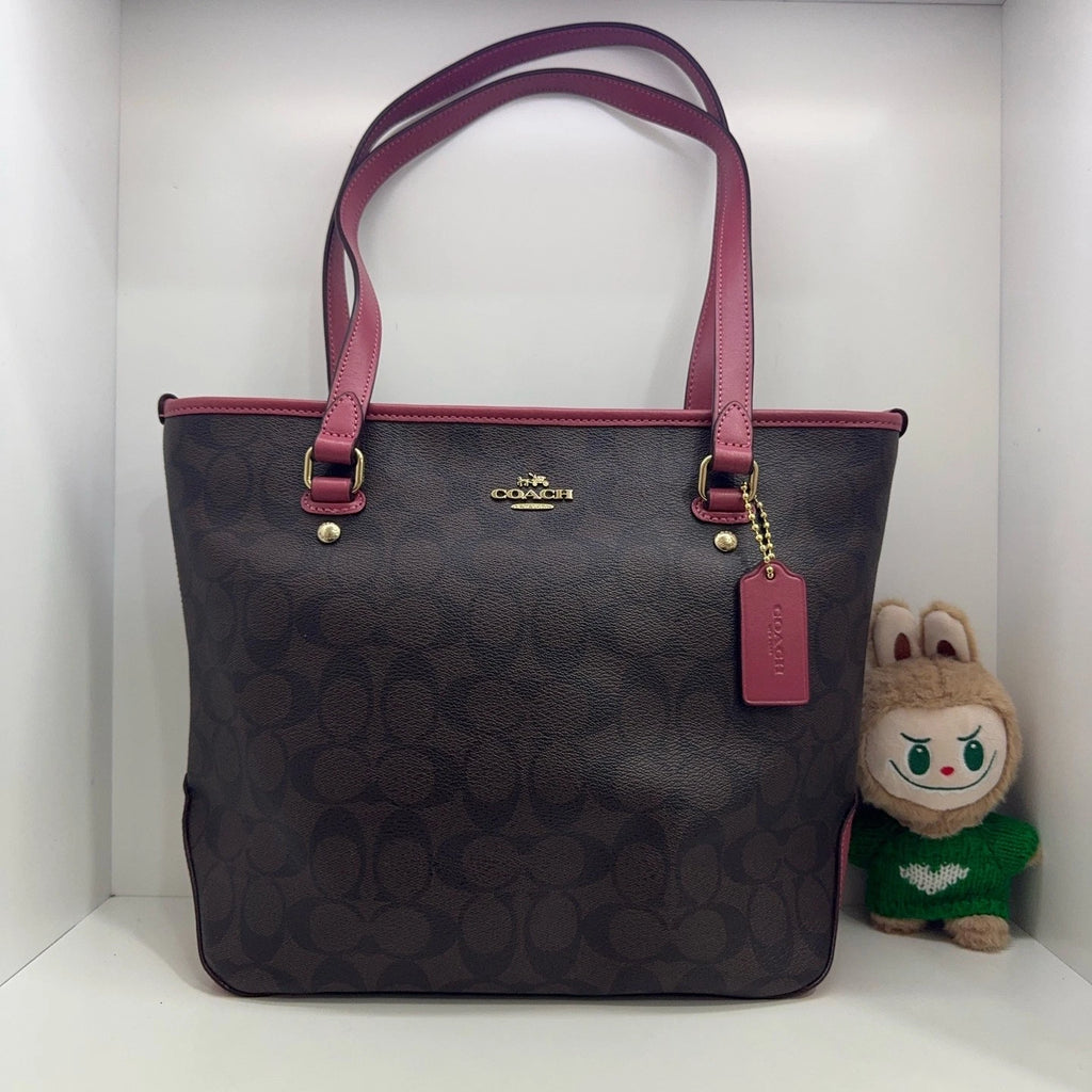 COACH Classic Monogram Canvas Leather Zip Top Tote Shoulder Bag For Women