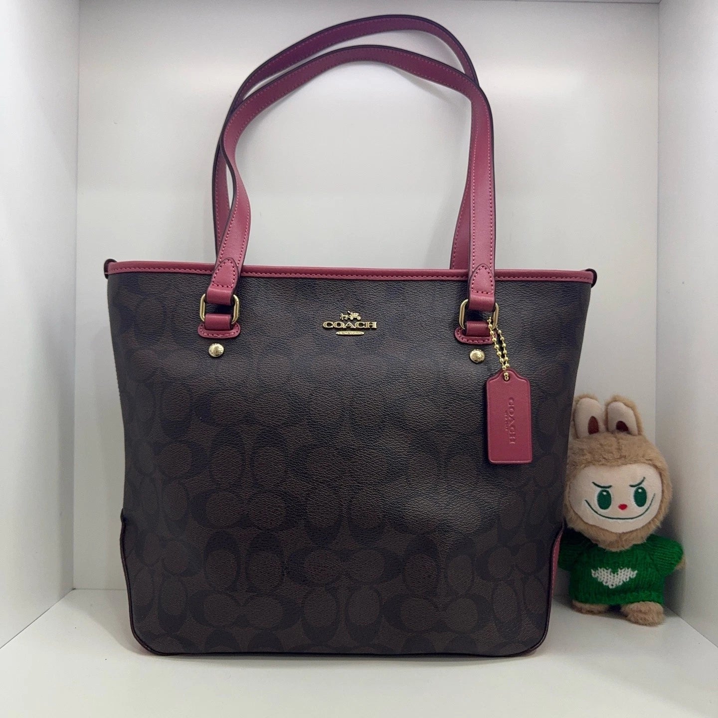 COACH Classic Monogram Canvas Leather Zip Top Tote Shoulder Bag For Women