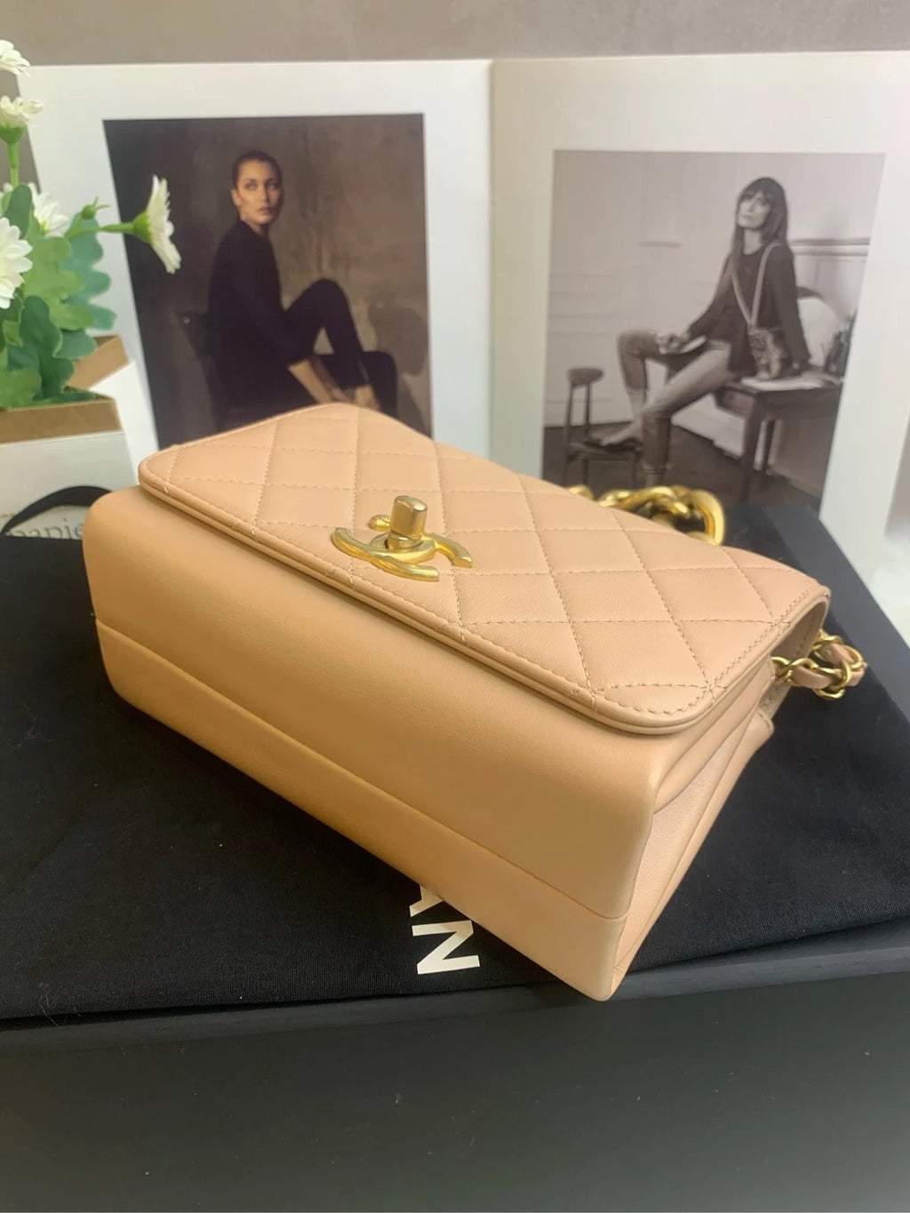 CHANEL Lambskin Pearl Chain Flap Shoulder Bag For Women