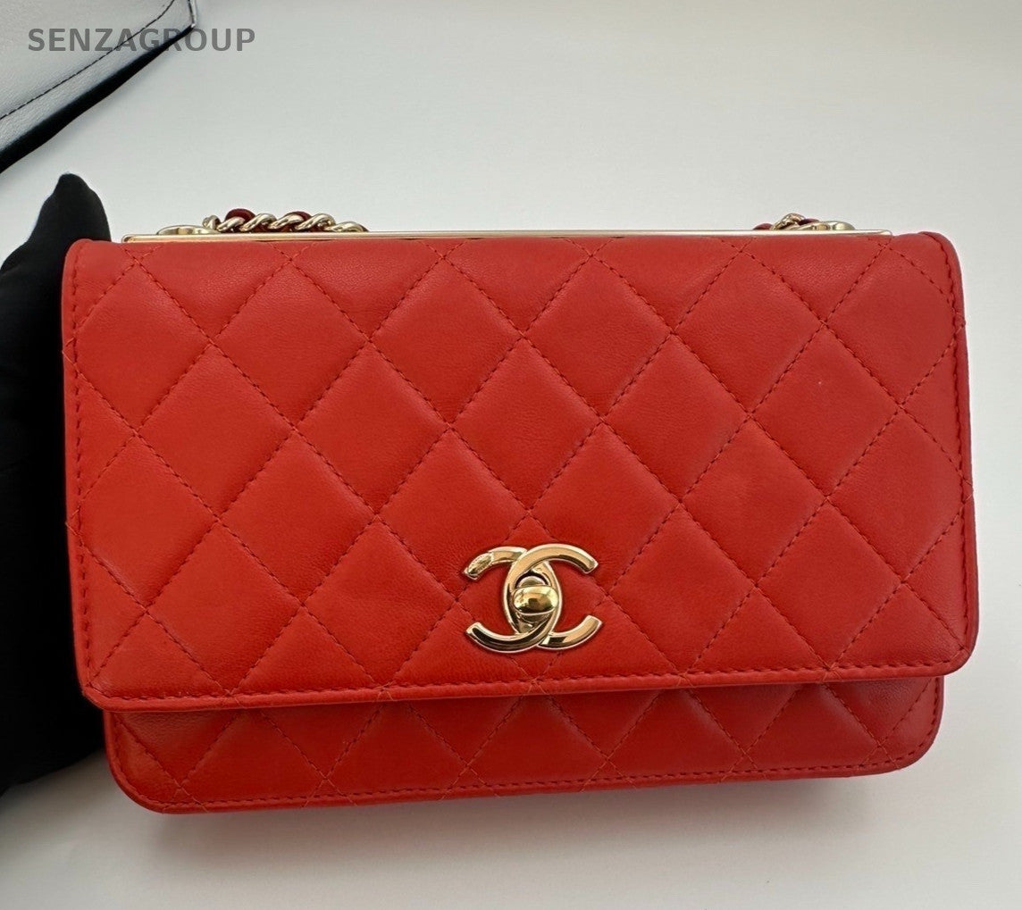 Chanel Trendy CC Lambskin Chain Shoulder Bag Crossbody Red Gold Women Classic