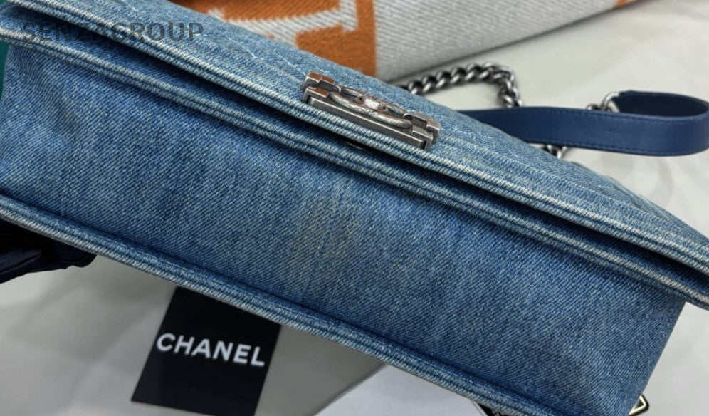 Chanel Leboy Maxi Chain Shoulder Bag Blue Silver Used Women Designer Classic
