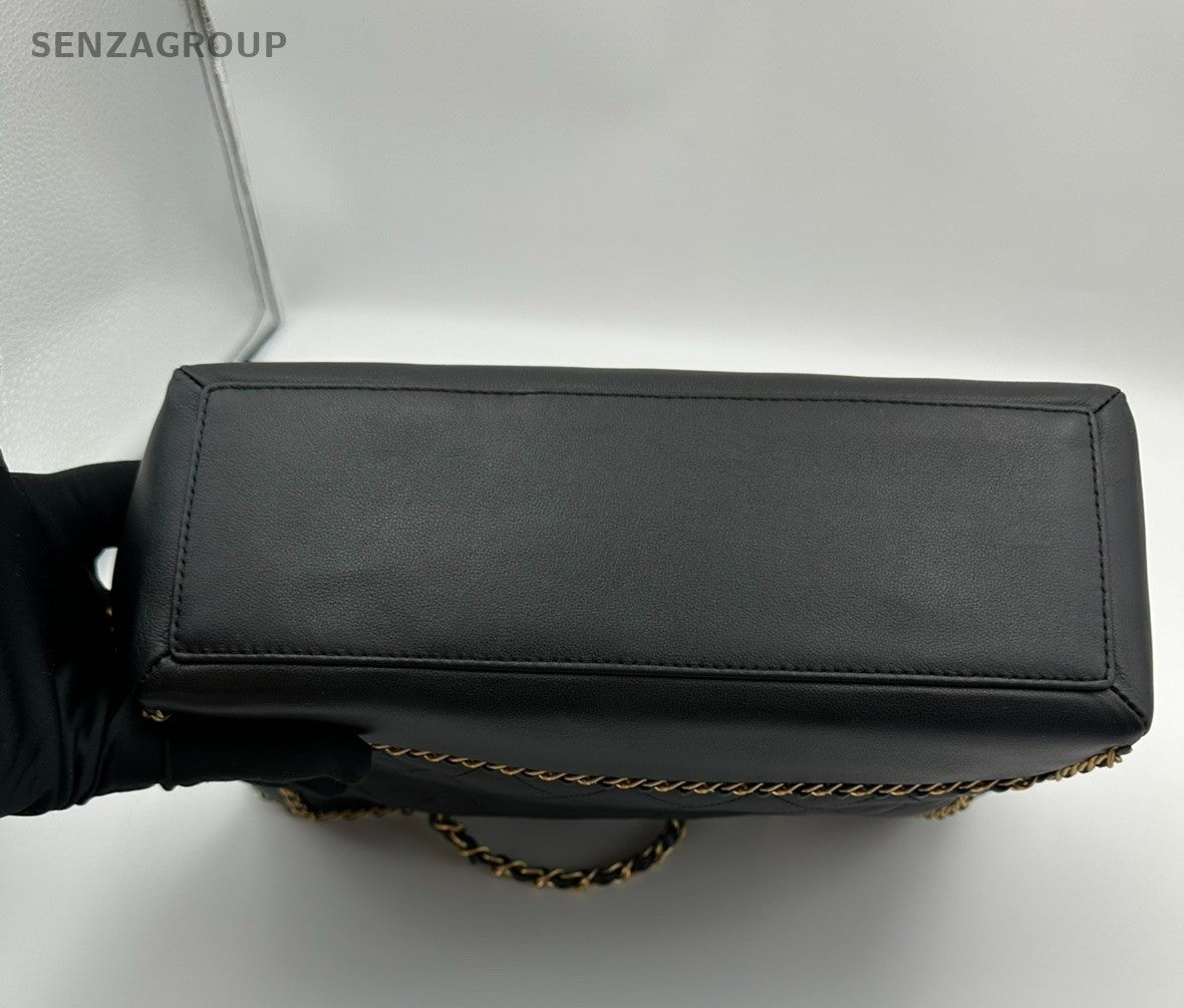 Chanel Diamond Calfskin Tote Chain Shoulder Bag Black Gold Women Classic