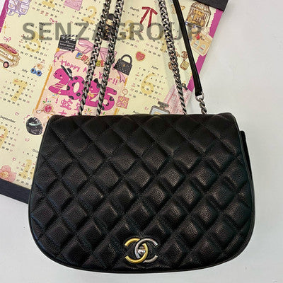 Chanel Black Silver Calfskin Saddle Bag Chain Shoulder Bag Classic Quilted
